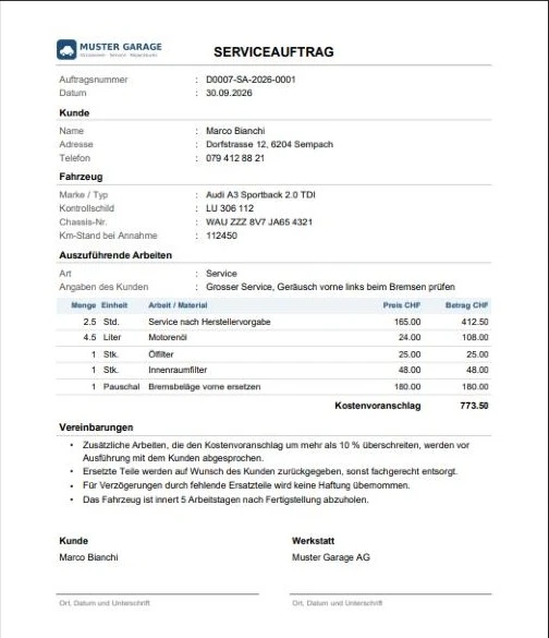 AUTRX: Serviceauftrag als PDF