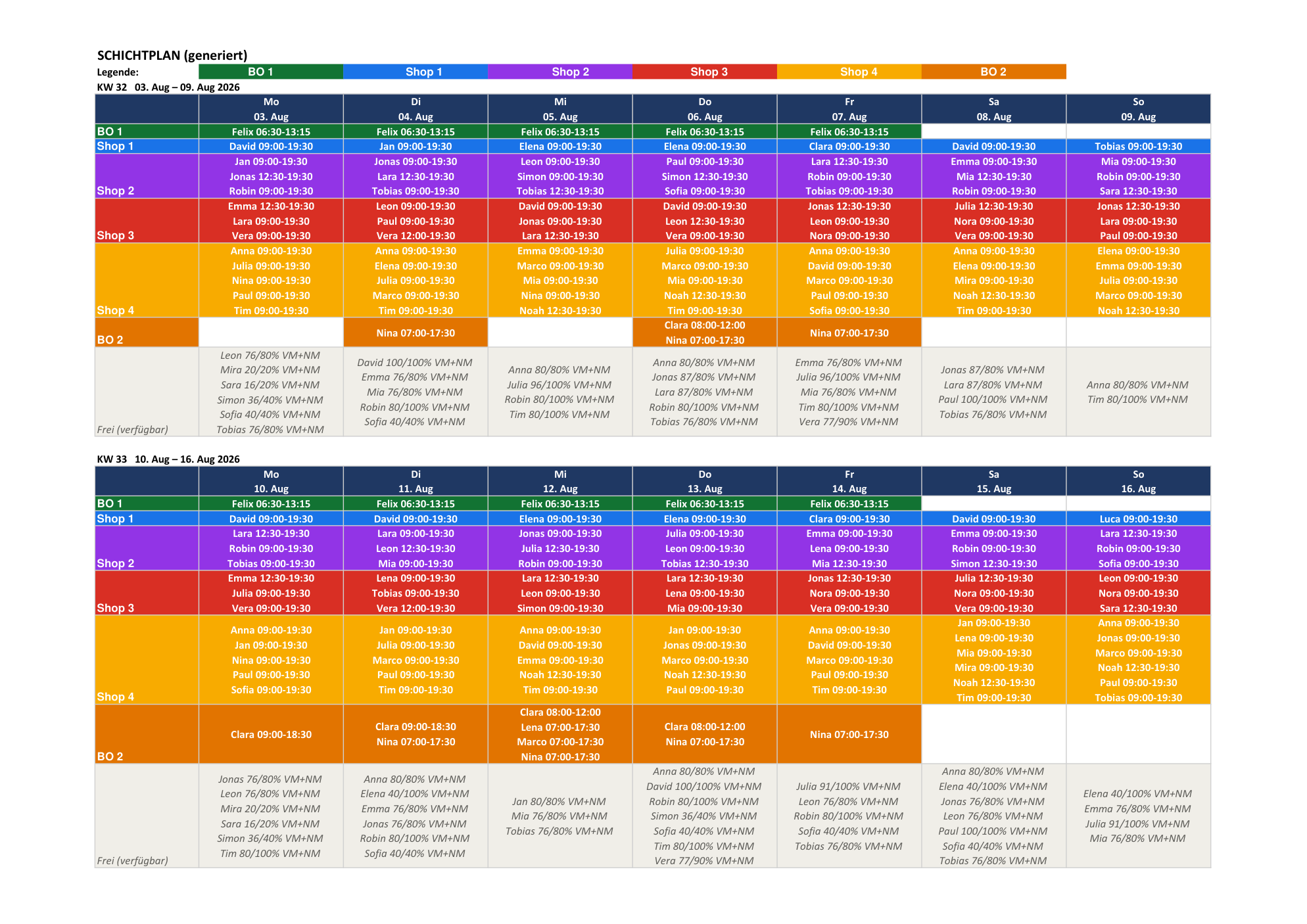 Schichtplan als druckfertiges PDF